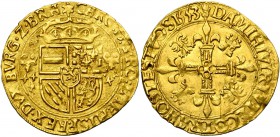 BRABANT, Duché, Charles Quint (1506-1555), AV écu d'or au soleil, 1553, Anvers. D/ Ecu couronné d'Autriche-Bourgogne, accosté de deux briquets. R/ Cro...