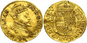 BRABANT, Duché, Philippe II (1555-1598), AV réal d'or, s.d. (1557-1560), Anvers. Au titre de roi d'Angleterre. Légende du droit débutant à 1h. D/ B. c...