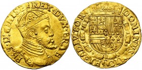 BRABANT, Duché, Philippe II (1555-1598), AV réal d'or, s.d. (1560-1577), Anvers. Sans le titre de roi d'Angleterre. Légende du droit débutant à 7h. D/...