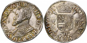 BRABANT, Duché, Philippe II (1555-1598), AR demi-écu Philippe, 156[6], Anvers. D/ B. cuir. à g., sous la date. R/ Ecu couronné sur une croix de Bourgo...