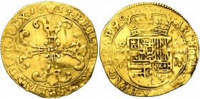 BRABANT, Duché, Philippe IV (1621-1665), AV couronne d'or, 1634, Bruxelles. D/ Croix à triple nervure, évidée et feuillue. R/ Ecu couronné, accosté de...