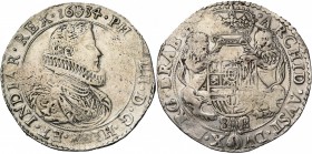 BRABANT, Duché, Philippe IV (1621-1665), AR ducaton, 1634, Anvers. Premier type. D/ B. cuir. à d., une grande fraise au col. R/ Ecu couronné, tenu par...