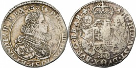 BRABANT, Duché, Philippe IV (1621-1665), AR demi-ducaton, 1634, Anvers. Premier type. D/ B. cuirassé à d., une grande fraise au col. R/ Deux lions ten...