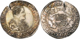 BRABANT, Duché, Philippe IV (1621-1665), AR ducaton, 1649, Anvers. Deuxième type. D/ B. dr. et cuir. à d. R/ Ecu couronné, tenu par deux lions. En des...