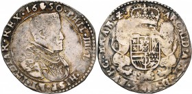BRABANT, Duché, Philippe IV (1621-1665), AR demi-ducaton, 1650, Anvers. Deuxième type. D/ B. dr. et cuir. à d. R/ Ecu couronné, tenu par deux lions. E...