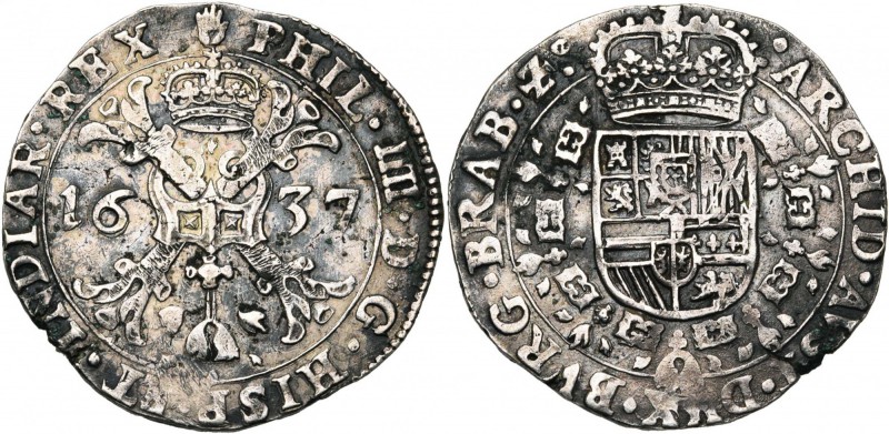 BRABANT, Duché, Philippe IV (1621-1665), AR demi-patagon, 1637, Anvers. D/ Croix...