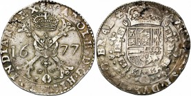 BRABANT, Duché, Charles II (1665-1700), AR patagon, 1677, Anvers. D/ Croix de Bourgogne sous une couronne, portant le bijou de la Toison d'or. R/ Ecu ...