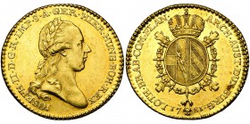 BRABANT, Duché, Joseph II (1780-1790), AV double souverain, 1781, Bruxelles. Seulement 4.338 exemplaires frappés. D/ T. laurée à d. R/ Ecu ovale couro...