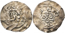 NAMUR, Comté, Albert II (avant 1031-1063), AR denier, vers 1050, Dinant. D/ []BERTVS B. de trois quarts de f. R/ + DEO[] Croix fourchue, un annelet au...