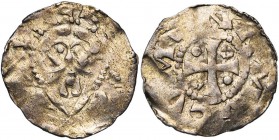 NAMUR, Comté, Albert III (1063-1102), AR denier. D/ []LBER[]S T. barbue de f., avec une longue moustache. R/ NAMVCVM Croix cantonnée de deux croisette...