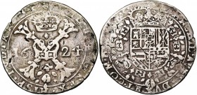 FRANCHE-COMTE, Philippe IV (1621-1665), AR patagon, 1624, Dole. Différent: rosace. D/ Croix de Bourgogne sous une couronne, portant le bijou de la Toi...