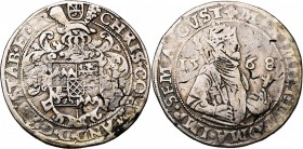 STAVELOT, Abbaye, Christophe de Manderscheid (1546-1576), AR rixdaler, 1568, Poulseur. Au titre de Maximilien II. D/ Ecu de l'abbé sous un heaume. R/ ...