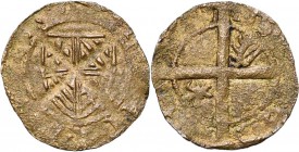HEINSBERG (?), Jan I (1395-1438), biljoen mijt. Imitatie van de Vlaamse mijt van Jan zonder Vrees. Vz/ Bourgondisch wapenschild. Kz/ Lang kruis met in...