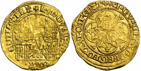 VLAANDEREN, Graafschap, Lodewijk van Male (1346-1384), AV kwart gouden schild met de adelaar (quart d'écu à l'aigle), 1352-1353, Brugge. Vz/ De gezete...