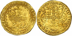 VLAANDEREN, Graafschap, Lodewijk van Male (1346-1384), AV gouden lam (mouton d'or), 1356-1364, Gent en Mechelen. Vz/ Het lam Gods voor een kruisvaan m...
