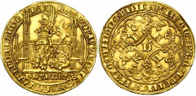 VLAANDEREN, Graafschap, Lodewijk van Male (1346-1384), AV gouden gehelmde leeuw (lion d'or heaumé), 1365-1367 en 1370, Gent. Vz/ Zittende gehelmde lee...