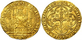 VLAANDEREN, Graafschap, Lodewijk van Male (1346-1384), AV nieuw gouden schild met de leeuw (écu d'or au lion), 1370/1372-1384, Gent en Mechelen. Vz/ D...