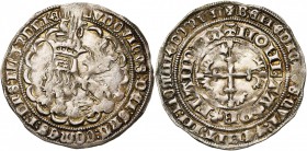 VLAANDEREN, Graafschap, Lodewijk van Male (1346-1384), AR dubbele groot (plak), 5e uitgifte (1380-1383), Mechelen. Met klaverblad, hoekige unciale E e...
