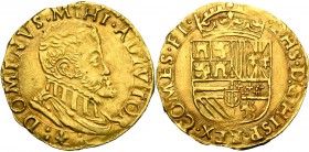 VLAANDEREN, Graafschap, Philips II (1555-1598), AV halve gouden reaal, z.j. (1560-1567), Brugge. Vz/ Bb. r. Kz/ PHS D G HISP REX COMES FL Gekroond wap...