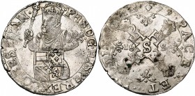 VLAANDEREN, Graafschap, De Staten in opstand (1577-1584), AR halve Statendaalder, 1577, Brugge. Vz/ Gekroond bb. van Philips II v.v., met scepter en w...