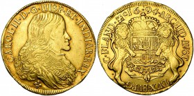 VLAANDEREN, Graafschap, Karel II (1665-1700), AV 8 souverein (gouden dukaton), 1694, Brugge. Slechts 639 st. geslagen. Vz/ Bb. van de koning r. met ma...