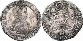 VLAANDEREN, Graafschap, Karel II (1665-1700), AR halve dukaton, 1672, Brugge. Eerste type. Vz/ Bb. r. als kind. Kz/ Gekroond wapenschild gesteund door...