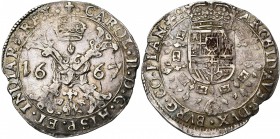 VLAANDEREN, Graafschap, Karel II (1665-1700), AR halve patagon, 1667, Brugge. Vz/ Gekroond stokkenkruis met een vuurijzer tussen het jaartal en het ju...
