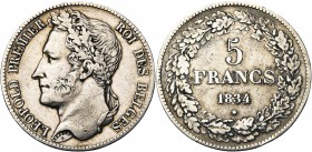 BELGIQUE, Royaume, Léopold Ier (1831-1865), AR 5 francs, 1834. Pos. A. Bogaert 82A. Coup sur la tranche.
presque Très Beau