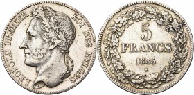 BELGIQUE, Royaume, Léopold Ier (1831-1865), AR 5 francs, 1835. Pos. A. Bogaert 122A. Nettoyé. Légères traces de corrosion.
Très Beau