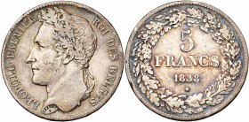 BELGIQUE, Royaume, Léopold Ier (1831-1865), AR 5 francs, 1838. Pos. A. Bogaert 153A. Très rare.
presque Très Beau