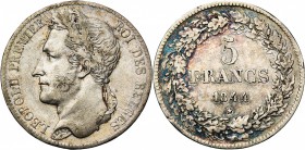 BELGIQUE, Royaume, Léopold Ier (1831-1865), AR 5 francs, 1844. Pos. A. Bogaert 206A. Rare.
Très Beau
