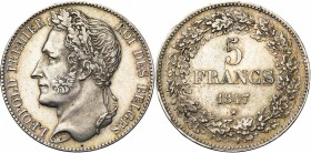 BELGIQUE, Royaume, Léopold Ier (1831-1865), AR 5 francs, 1847. Deuxième type à la tête laurée, avec tranche en relief. Dupriez 344.
Très Beau à Super...