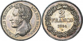 BELGIQUE, Royaume, Léopold Ier (1831-1865), AR 2 francs, 1834. Pos. A. Lettres inclinées à d. Bogaert 89A1. Rare Belle patine.
Superbe