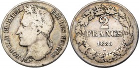 BELGIQUE, Royaume, Léopold Ier (1831-1865), AR 2 francs, 1835. Pos. A. Lettres inclinées à g. Bogaert 124A2. Très rare.
Beau