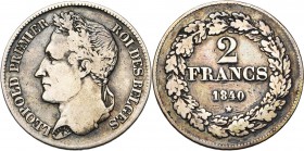 BELGIQUE, Royaume, Léopold Ier (1831-1865), AR 2 francs, 1840. Pos. A. Lettres inclinées à g. Bogaert 169A. Rare.
Beau à Très Beau
