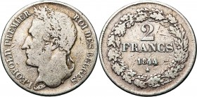 BELGIQUE, Royaume, Léopold Ier (1831-1865), AR 2 francs, 1844. Pos. A. Lettres inclinées à d. Bogaert 208A1. Rare.
très bien conservé