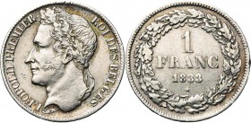 BELGIQUE, Royaume, Léopold Ier (1831-1865), AR 1 franc, 1833. Dupriez 33. Rare Nettoyé.
Très Beau
