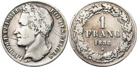 BELGIQUE, Royaume, Léopold Ier (1831-1865), AR 1 franc, 1838. Petite étoile. Bogaert 156A. Rare Griffe. Nettoyé.
Beau à Très Beau