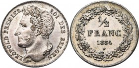 BELGIQUE, Royaume, Léopold Ier (1831-1865), AR 1/2 franc, 1834. Dupriez 94. Petits coups.
Superbe à Fleur de Coin