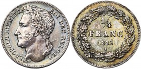 BELGIQUE, Royaume, Léopold Ier (1831-1865), AR 1/4 de franc, 1835. Avec signature. Dupriez 130. Belle patine. Griffe au revers.
Superbe