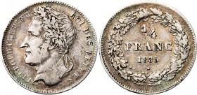 BELGIQUE, Royaume, Léopold Ier (1831-1865), AR 1/4 de franc, 1835. Sans signature. Dupriez 130 var.; Bogaert -. Rare.
presque Très Beau