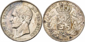 BELGIQUE, Royaume, Léopold Ier (1831-1865), AR 5 francs, 1858. Dupriez 600. Taches au revers.
Très Beau