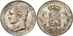 BELGIQUE, Royaume, Léopold Ier (1831-1865), AR 2 1/2 francs, 1848. Petite tête. Dupriez 382. Griffe au droit. Patine irisée.
Superbe