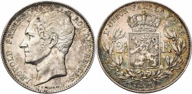 BELGIQUE, Royaume, Léopold Ier (1831-1865), AR 2 1/2 francs, 1850. Grande tête. Dupriez 463. Rare Fine brisure du coin au droit.
Très Beau