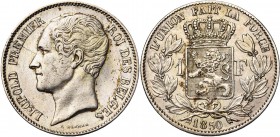 BELGIQUE, Royaume, Léopold Ier (1831-1865), AR 1 franc, 1850. L WIENER sans point. Bogaert 465B. Très rare Petites taches.
Très Beau