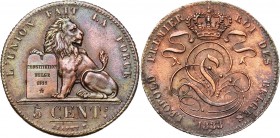 BELGIQUE, Royaume, Léopold Ier (1831-1865), Cu 5 centimes, 1833. BRAEMT F. avec point. Dupriez 53.
presque Superbe