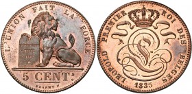 BELGIQUE, Royaume, Léopold Ier (1831-1865), Cu 5 centimes, 1835. Dupriez 132. Extrêmement rare Taches au droit. Flan poli.
Fleur de Coin