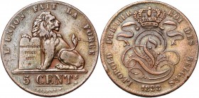 BELGIQUE, Royaume, Léopold Ier (1831-1865), 5 centimes, 1838. BRAEMT F. avec point. Dupriez 162. Rare.
Très Beau