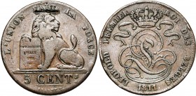 BELGIQUE, Royaume, Léopold Ier (1831-1865), Cu 5 centimes, 1811 (au lieu de 1841). Dupriez 184. Très rare Entaille au droit.
Beau