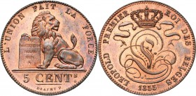 BELGIQUE, Royaume, Léopold Ier (1831-1865), Cu 5 centimes, 1855. Petite date. Bogaert 565A. Rare Flan poli.
Fleur de Coin